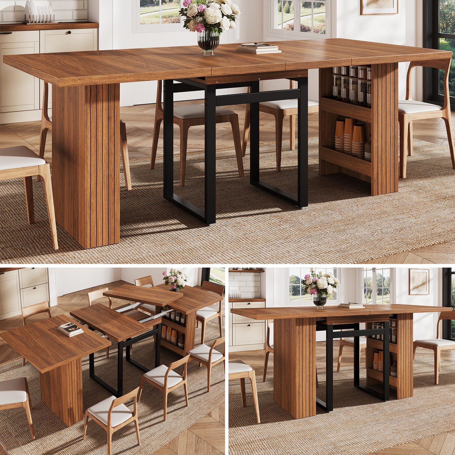 Clruro Eettafel - 120/160/200×80×78 cm - Uitschuifbaar - Opbergvak - MDF/Metaal - Donkerbruin