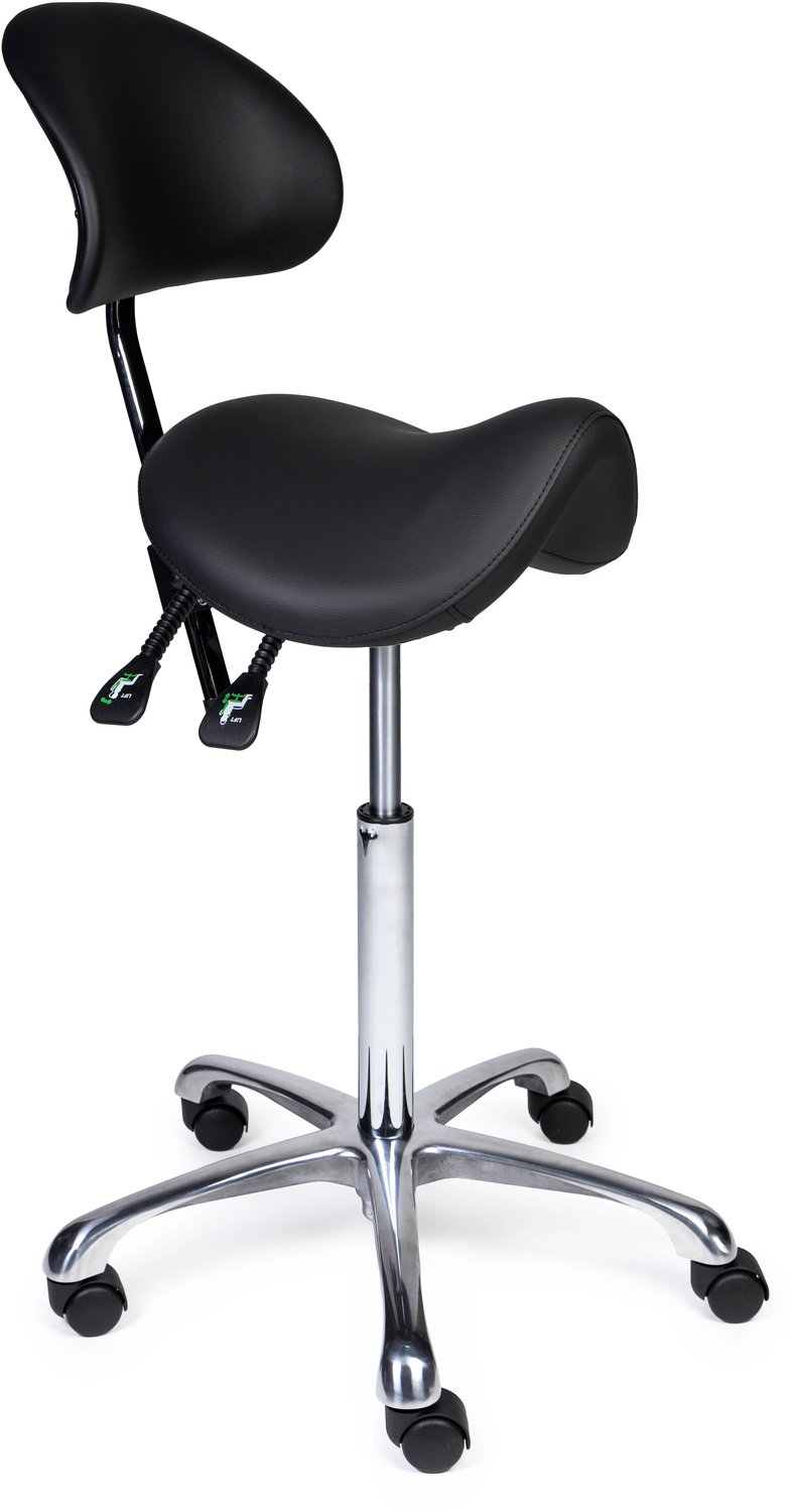 Ergonomische Zadelkruk met Rugleuning Premium Zwart op Wielen Hoge uitvoering (70-84cm) / Zonder voetensteun / Standaard wielen