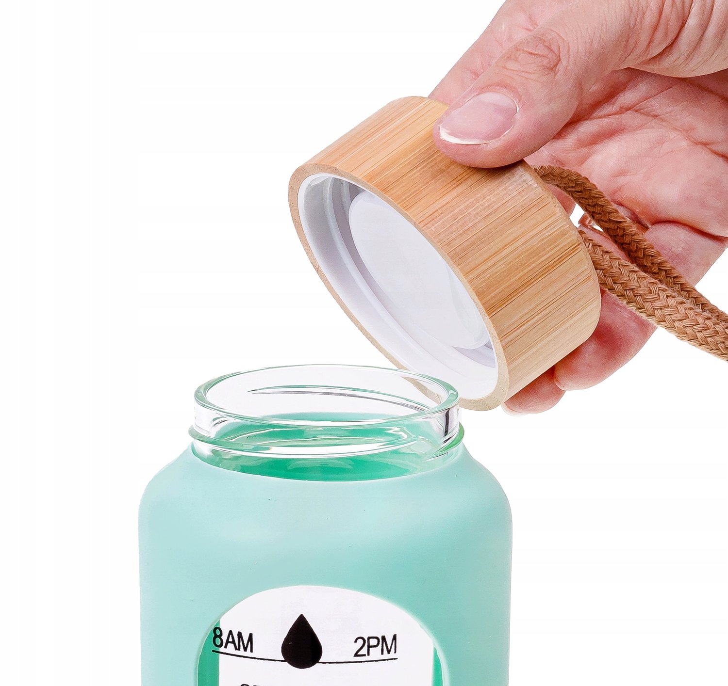 Merkloze glazen drinkfles met maataanduiding en draaglus - 1L