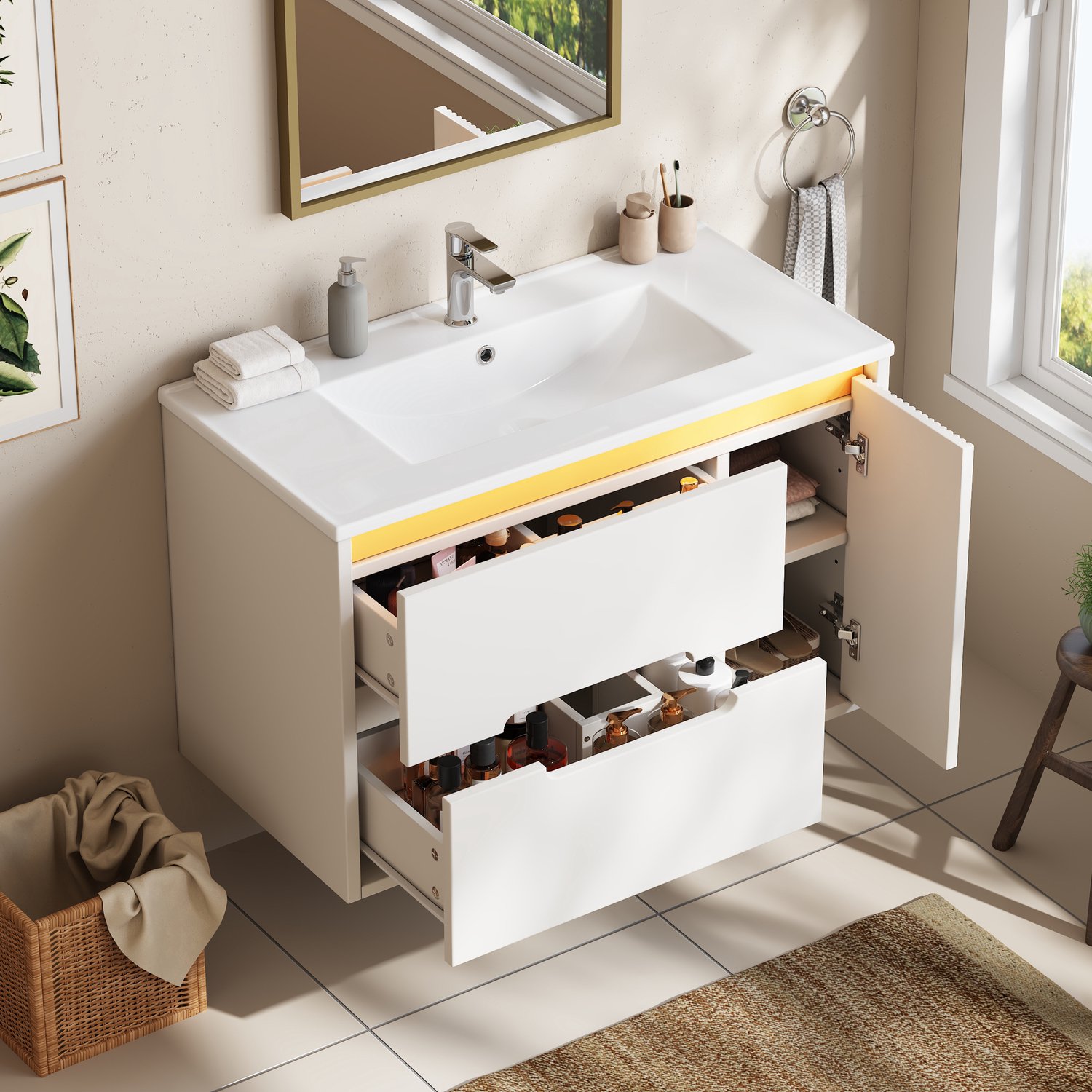 MODFU Badkameronderkast Met Keramische Wastafel - Wandmontage - MDF - Wit - 81 x 47 x 51 cm