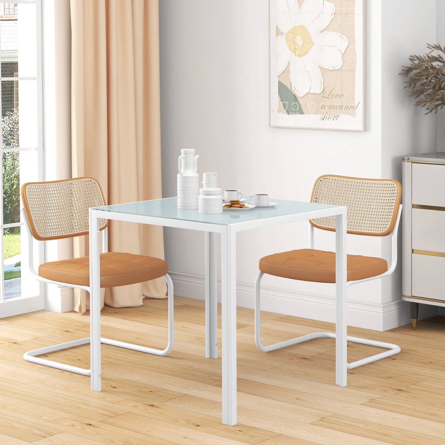 Vierkante Eettafel Voor Vier Personen - Gehard Glazen Tafelblad - Metalen Frame Voor Keuken En Eetkamer - Wit - 75 x 75 x 75 Cm