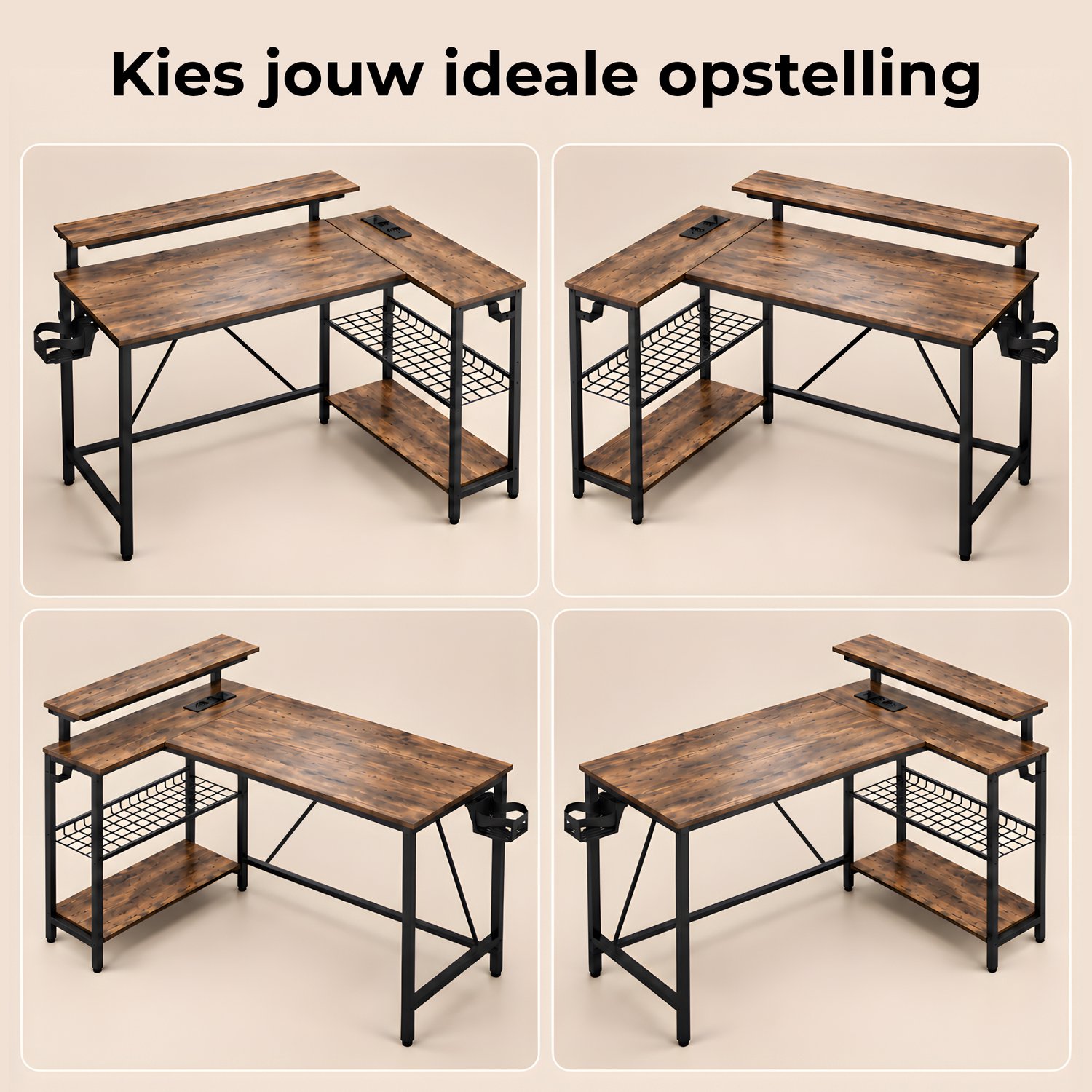 Five Stars® L-Vormig Game Bureau - 107x80x76 cm - Game Bureau met LED Verlichting - Rustieke Houtlook - Hoekbureau - Gaming Desk - Computertafel thumbnail 5
