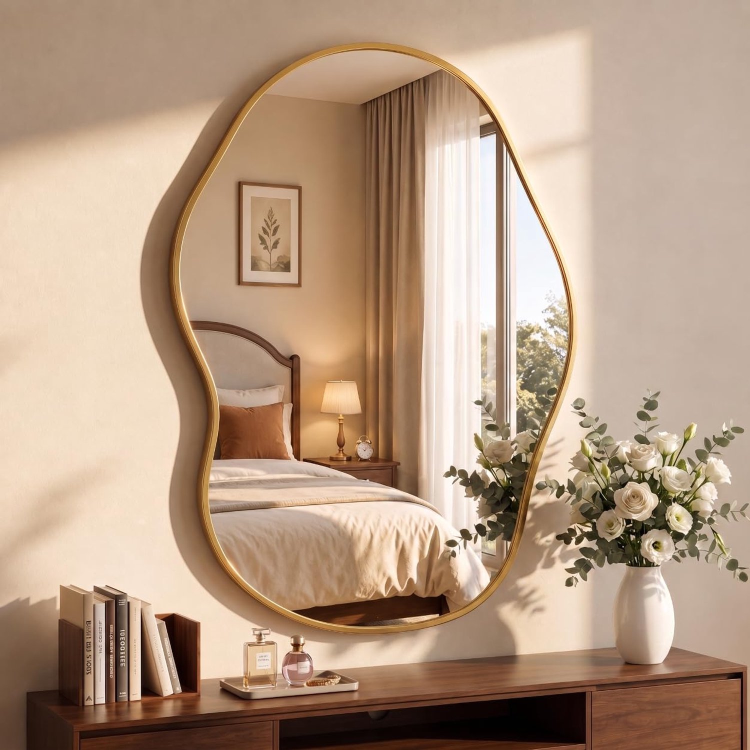 MAMIZO Asymmetrische spiegel - Wandspiegel - 61 x 91 cm - Gehard Glas - Aluminium Frame - voor Badkamer Slaapkamer Woonkamer