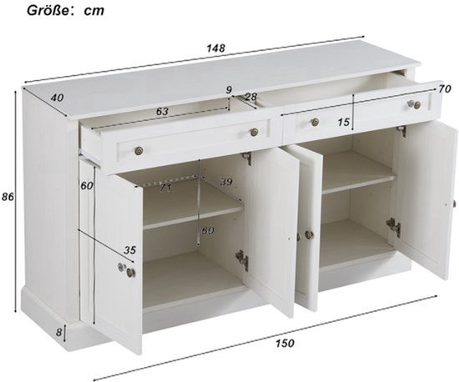 Dressoir Met 4 Deuren En 2 Lades - 150x40x86 cm - 56.6 Kg Gewicht - Moderne Buffetkast - Ladekast Voor Eetkamer En Woonkamer