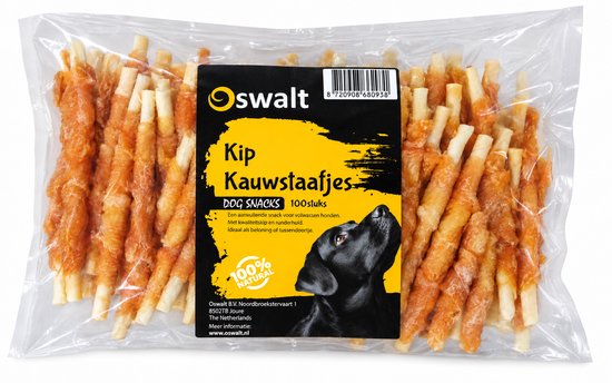 Oswalt kauwstaafjes met kip - gedraaide sticks met kip - 950 gram - 12,5cm - hondensnack