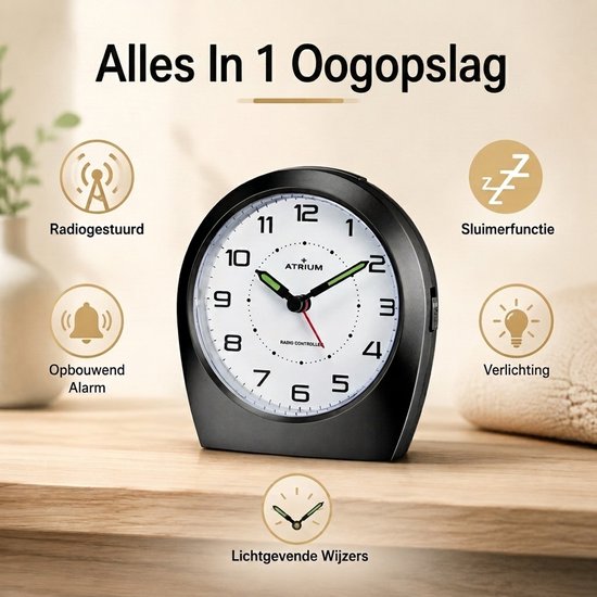 Zwarte radiografische wekker met witte wijzerplaat, groene secondewijzer en rode minutenwijzer. Iconen tonen radiogestuurde functie, snooze, opbouwend alarm en verlichting.