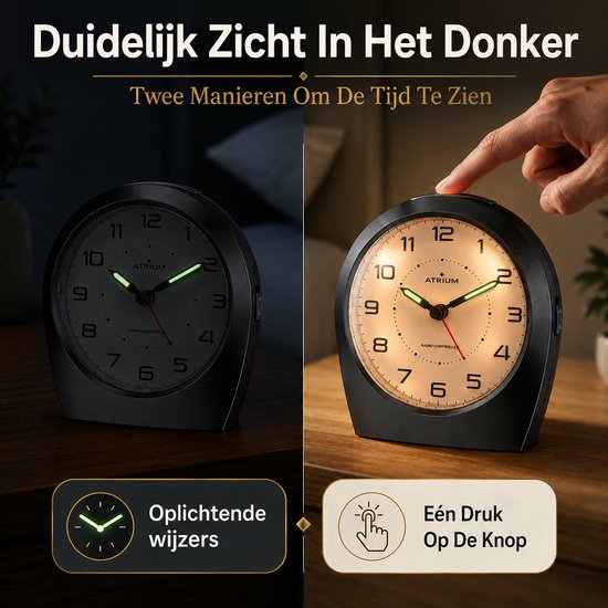 Zwarte radiografische wekker met oplichtende wijzers en cijfers in het donker. Eén druk op de knop verlicht het display.