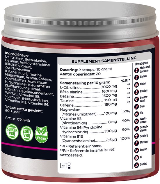Pot met rode en witte etiketten, met ingrediënten en voedingswaarde van het supplement.