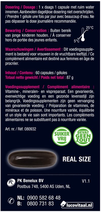 Gebruiksaanwijzing en waarschuwingen voor supplementen. 60 capsules. "SUIKER VRIJ" en "BEVAT GEEN ZOUT".