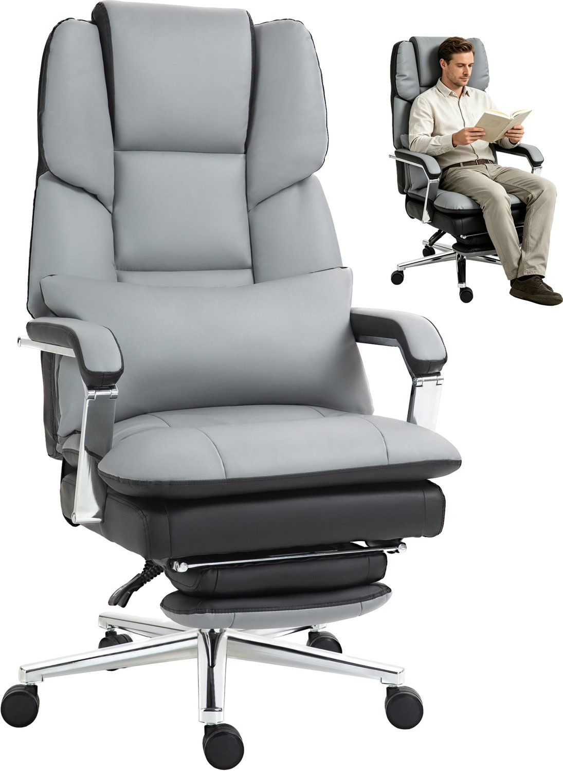 Ergonomische bureaustoel - Bureaustoel - Computerstoel - Thuiskantoorstoel - Lichtgrijs/Zwart PU Leer - Met Voetsteun, Lumbaalsteun & 160° Verstelbare Rugleuning - 120 kg - 63x71x123-129 cm