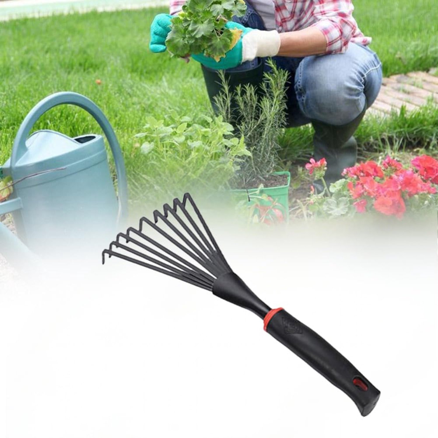 Famanu - Kleine Tuin Rake - Voor het opruimen van bladeren en tuinafval - Professioneel handgereedschap met ergonomische grip - Groen 1 stuk