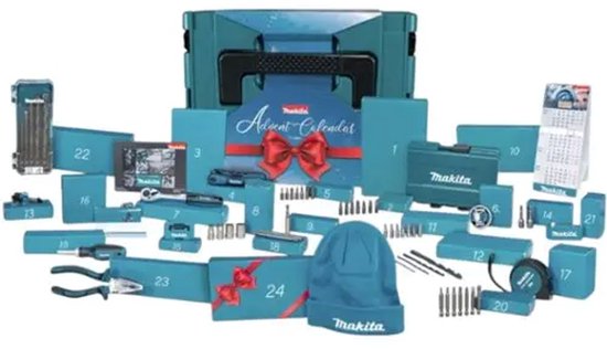 Makita adventskalender met 24 genummerde vakjes, inclusief gereedschap, een muts en een MBox.