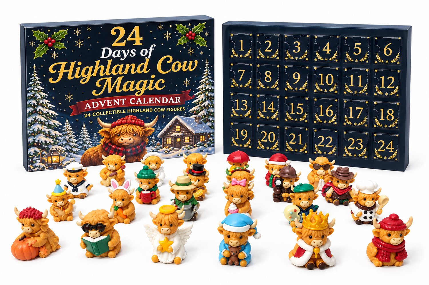 ZVD Adventskalenders - Highland Cow-kerstadventskalender 2026 — Aftellen naar Kerstmis (24 dagen) — Inclusief zachte 3D-pluche Schotse Hooglander — Kerstboomhanger — Ook te gebruiken als kerstboomdecoratie - Stijl B Meerkleurig