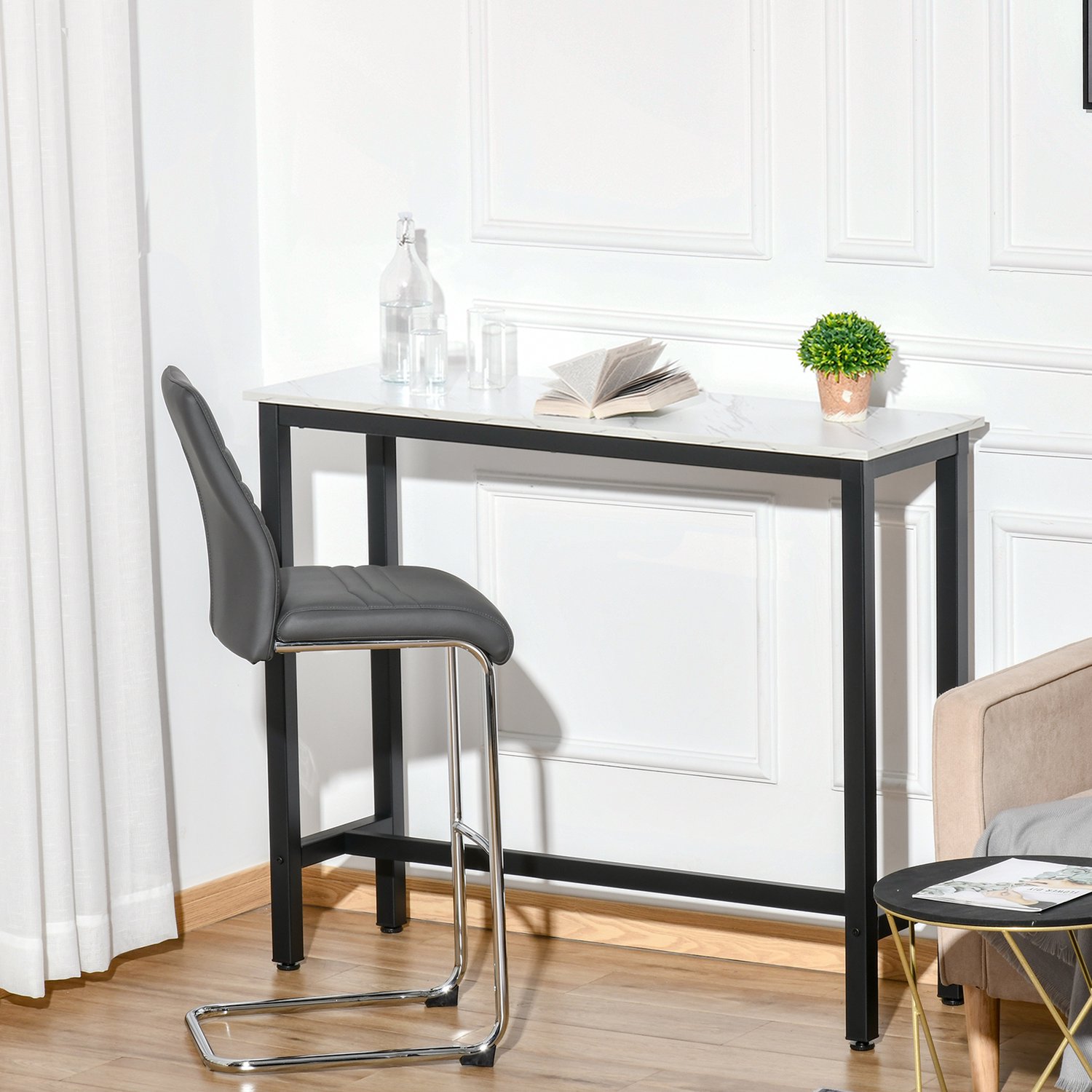 MODENUIT Bartafel - Marmerlook Met Verstelbare Voetdoppen - Spaanplaat - 120x40x100 Cm - Wit-Zwart
