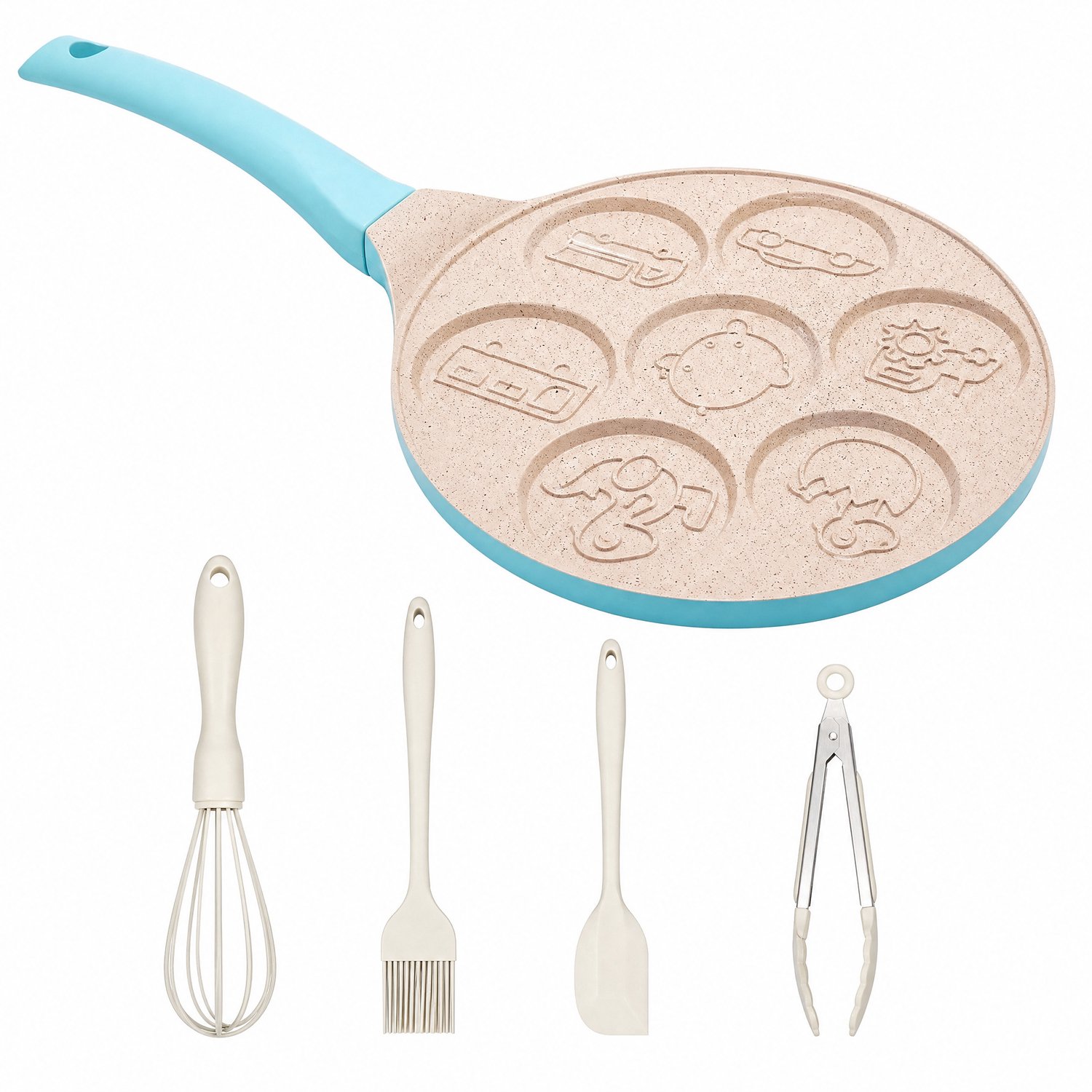 Pannenkoekenpan - TENZHVXI® - 7 dierenvormen - Geschikt voor gasfornuis en keramische/elektrische kookplaat - Aluminium - Diameter pan 26,5 cm, diameter pannenkoek 8 cm - Witte bakaccessoires (set van 4) - Blauw
