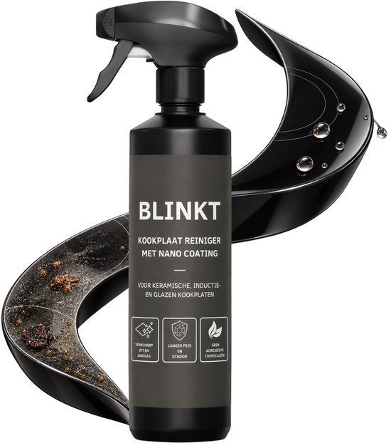 Fles Blinkt kookplaat reiniger met nano coating. Zwarte fles met grijze label en icoontjes.