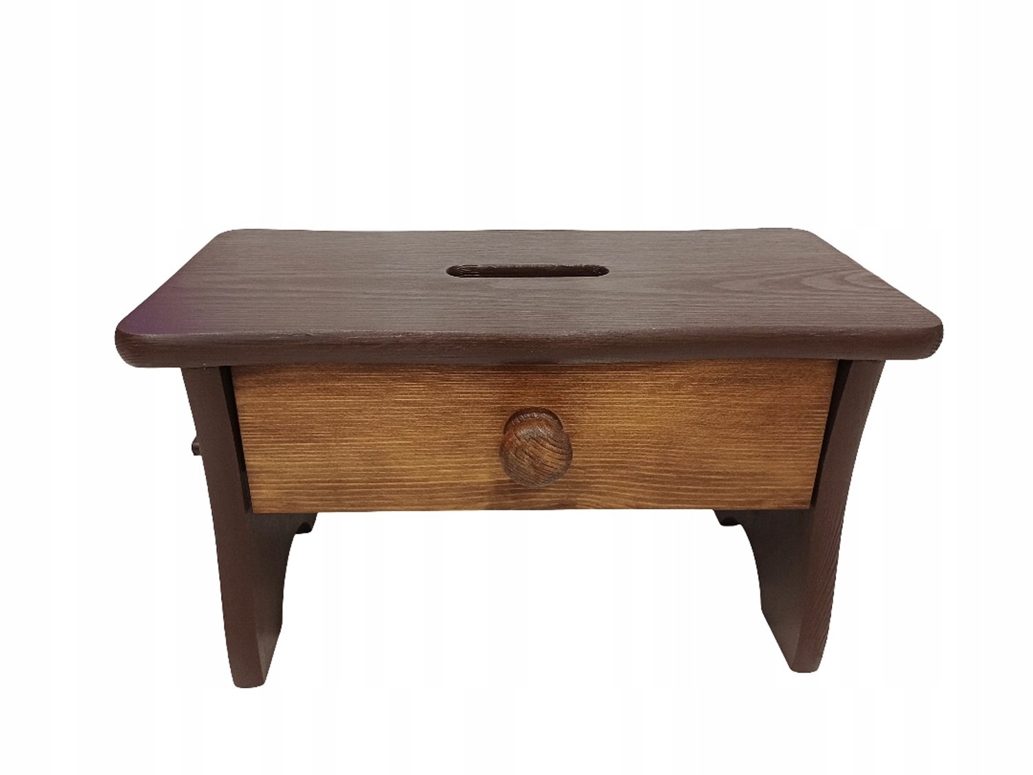 Bruine houten kruk met eikenkleurige lade - 21 cm hoog