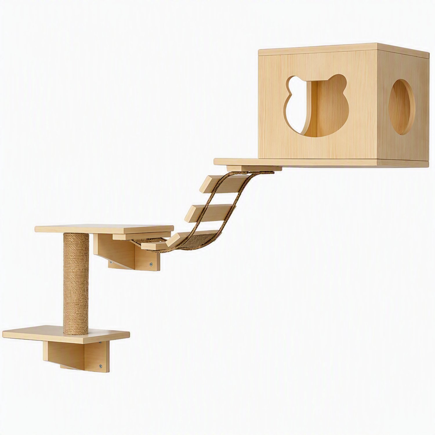 Nutrella - Kattenwand - Kattenklimrek - Kattenhuis - Massief houten plaat -Sisal touw-Kattenhuis 48x30x30 cm Platform 35x24 cm -Brugladder 58x20 cm