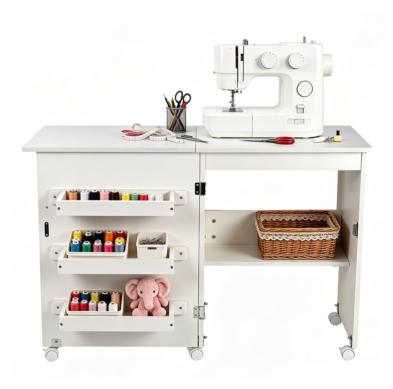 2-in-1 Opvouwbare Naaitafel - 120x40x79 cm - Naaikast met Wielen, Planken, Opbergvakken, Magnetische Deuren - Warmwit Naaimachinetafel - Houtkleur Diy - voor naaimachine