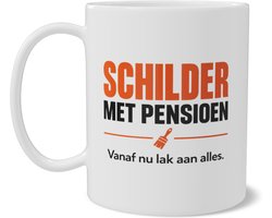 Koffiemok Schilder met Pensioen Grappige Beker met Quote Vanaf nu lak aan alles Origineel Pensioencadeau Afscheid Collega Schildersbedrijf en Bouw Kwast Icoon Typografie Duotone Terracotta Oranje
