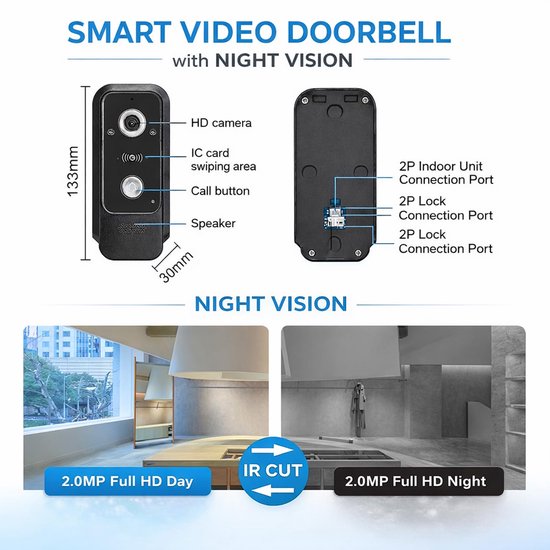 Video Deurbel Intercom - 7 Inch Touchscreen - 2-Draads Aansluiting - IP65 Buitenunit - Voor Woning En Kantoor — afbeelding 3