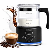 Zwarte glazen melkopschuimer met een opspattend glas koffie en melk ernaast. "4-in-1 Multifunctioneel"