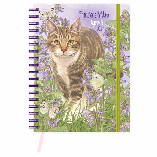 Spiraalgebonden Franciens Katten agenda 2027 met gestreepte kat in bloemenveld en vlinders op paarse achtergrond.