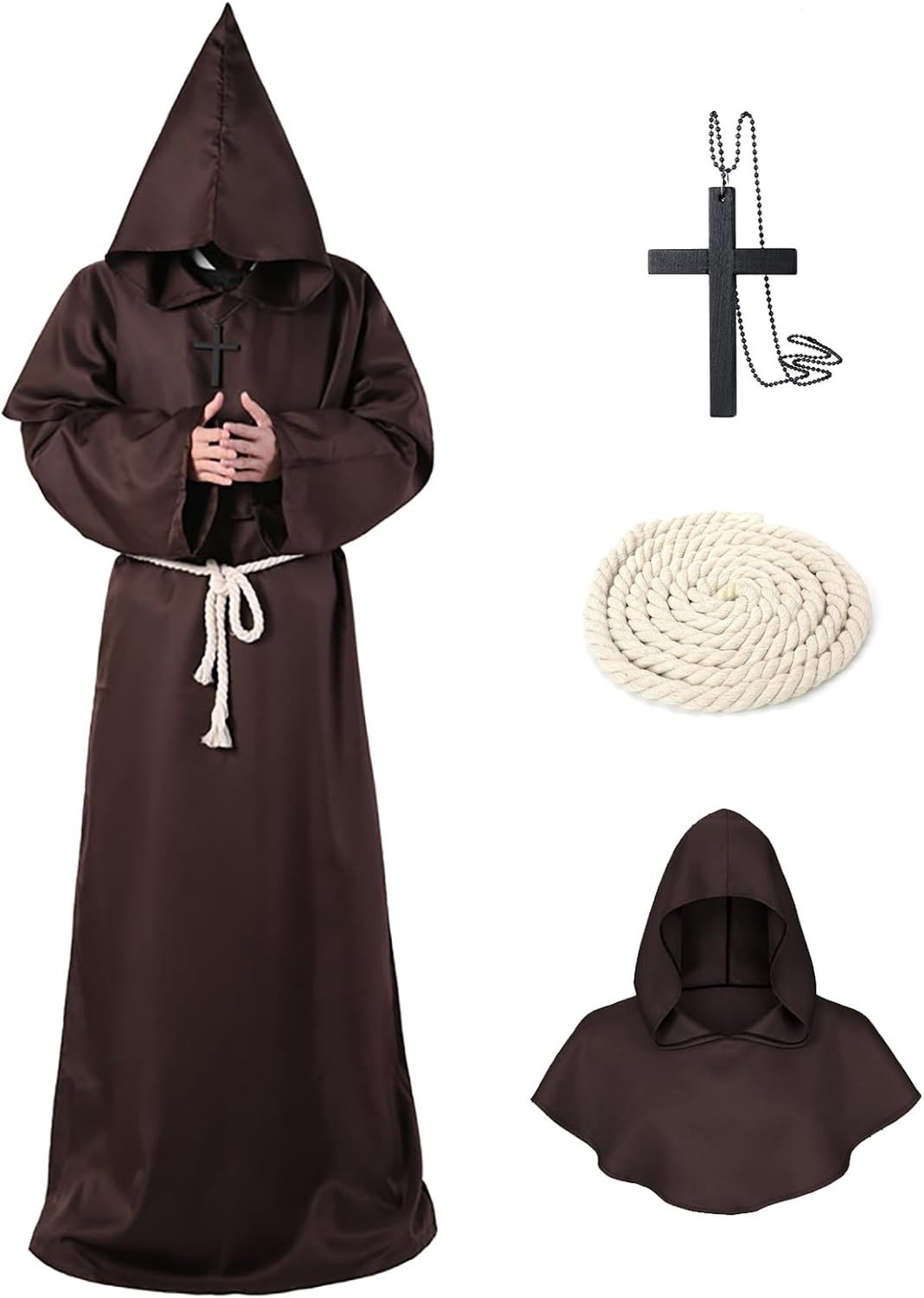 Middeleeuwse Monniken Outfit met Kap en Kruis, Ideaal voor Halloween, Carnaval en Cosplay Feesten