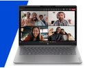HP OmniBook 3 laptop met een groepsgesprek met vier gezinnen op het scherm.