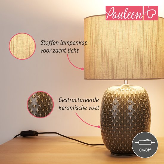 Pauleen tafellamp met stoffen lampenkap voor zacht licht en een gestructureerde keramische voet met on/off schakelaar.