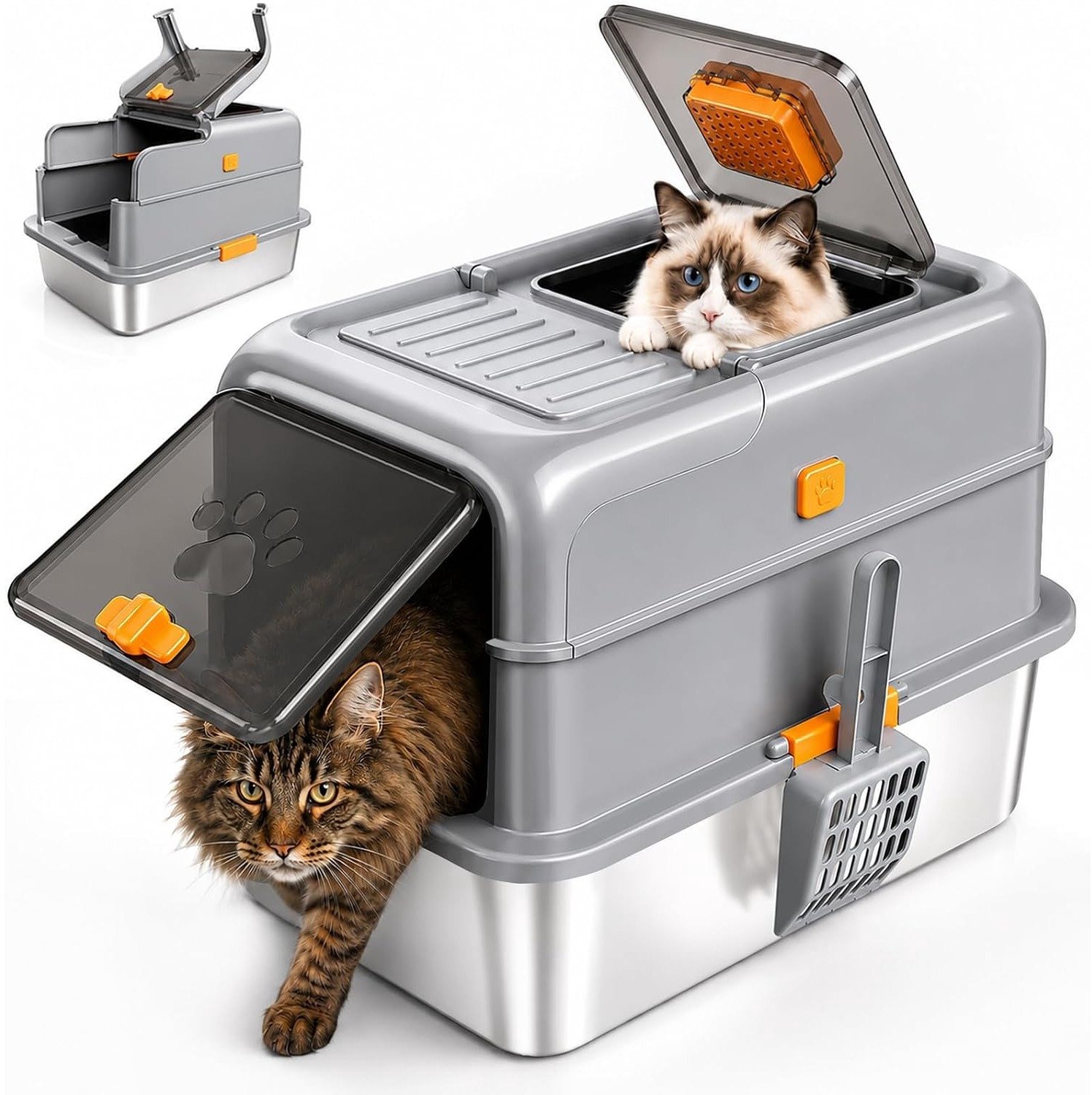 Grijze Modulaire Kattenbak met Deksel & RVS Metalen Pan – 50x36x38cm – Volledig Gesloten – Twee Deuren – 120° Omklapbaar Deksel – Anti-lek & Anti-spatten – Voor Grote Katten & Meerdere Katten