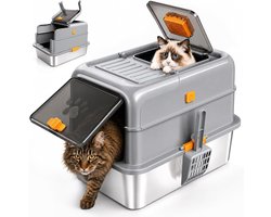 Grijze Modulaire Kattenbak met Deksel & RVS Metalen Pan – 50x36x38cm – Volledig Gesloten – Twee Deuren – 120° Omklapbaar Deksel – Anti-lek & Anti-spatten – Voor Grote Katten & Meerdere Katten