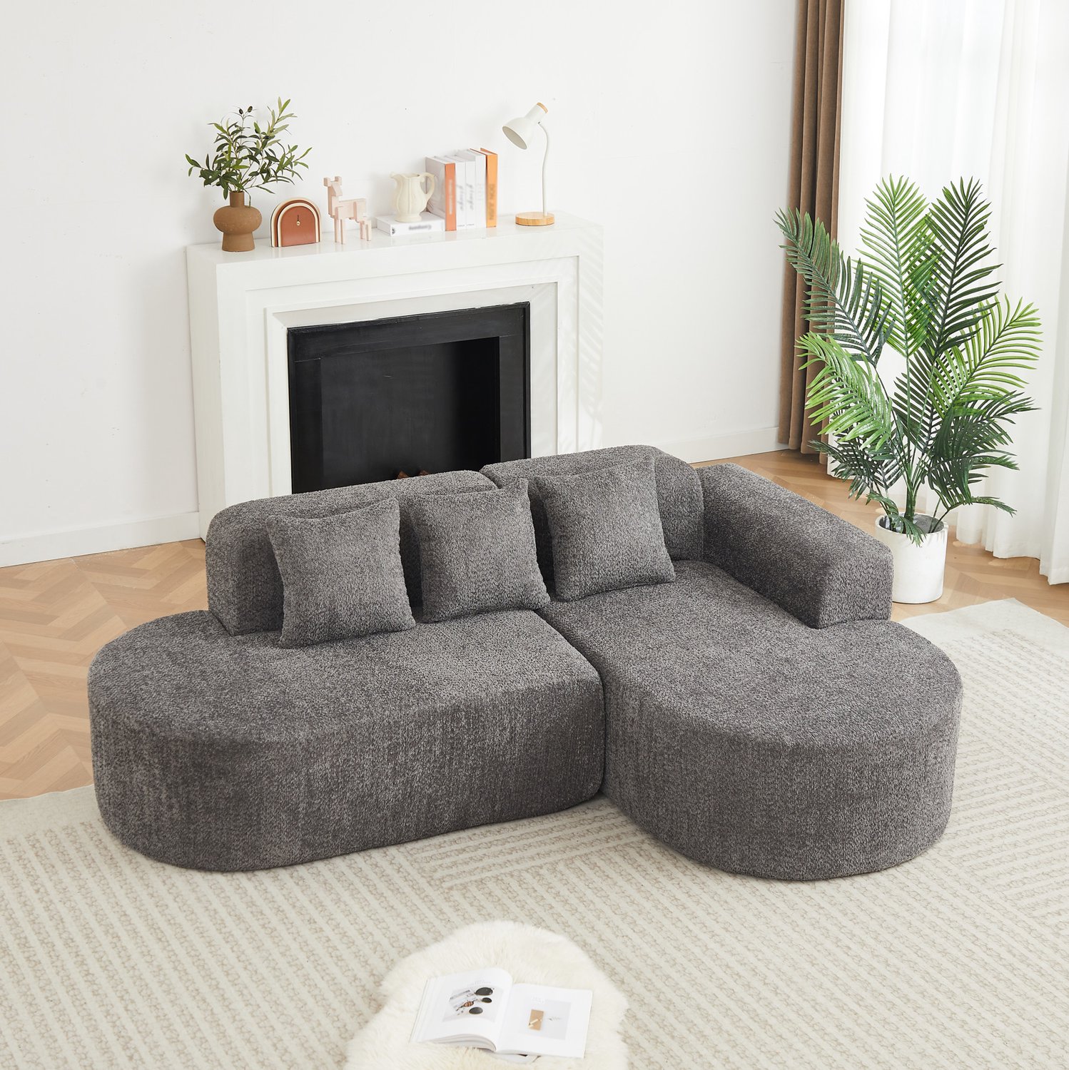 OKWISH Hoekbank 3-Zits - L-Vorm Met Rechter Chaise - 3 Rugkussens - Rond Wabi-Sabi Design - Chenille - Grijs Voor Woonkamer