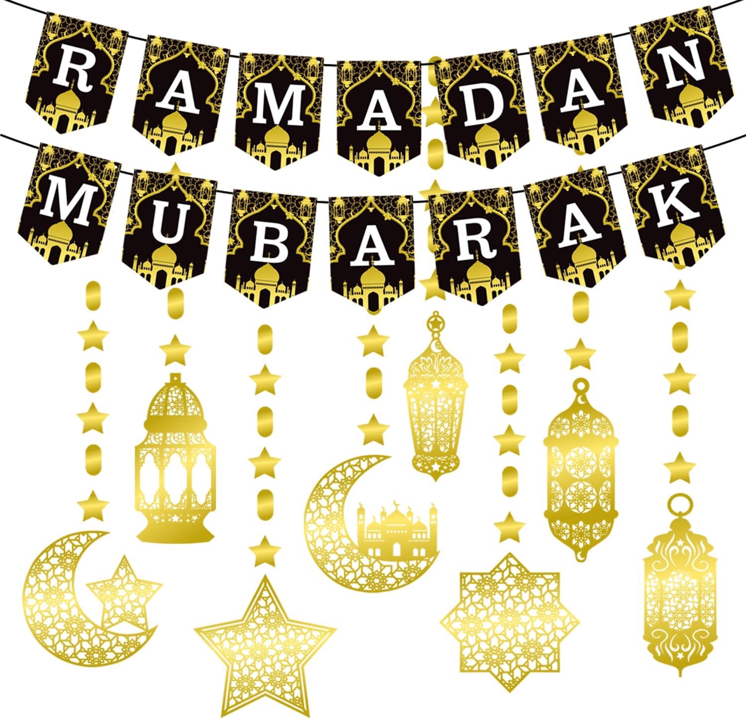 Famanu - Decoratie Ramadan en Eid - Creëer een feestelijke sfeer - Met glanzende gouden sterren, monden en laternen - Onbekende kleur