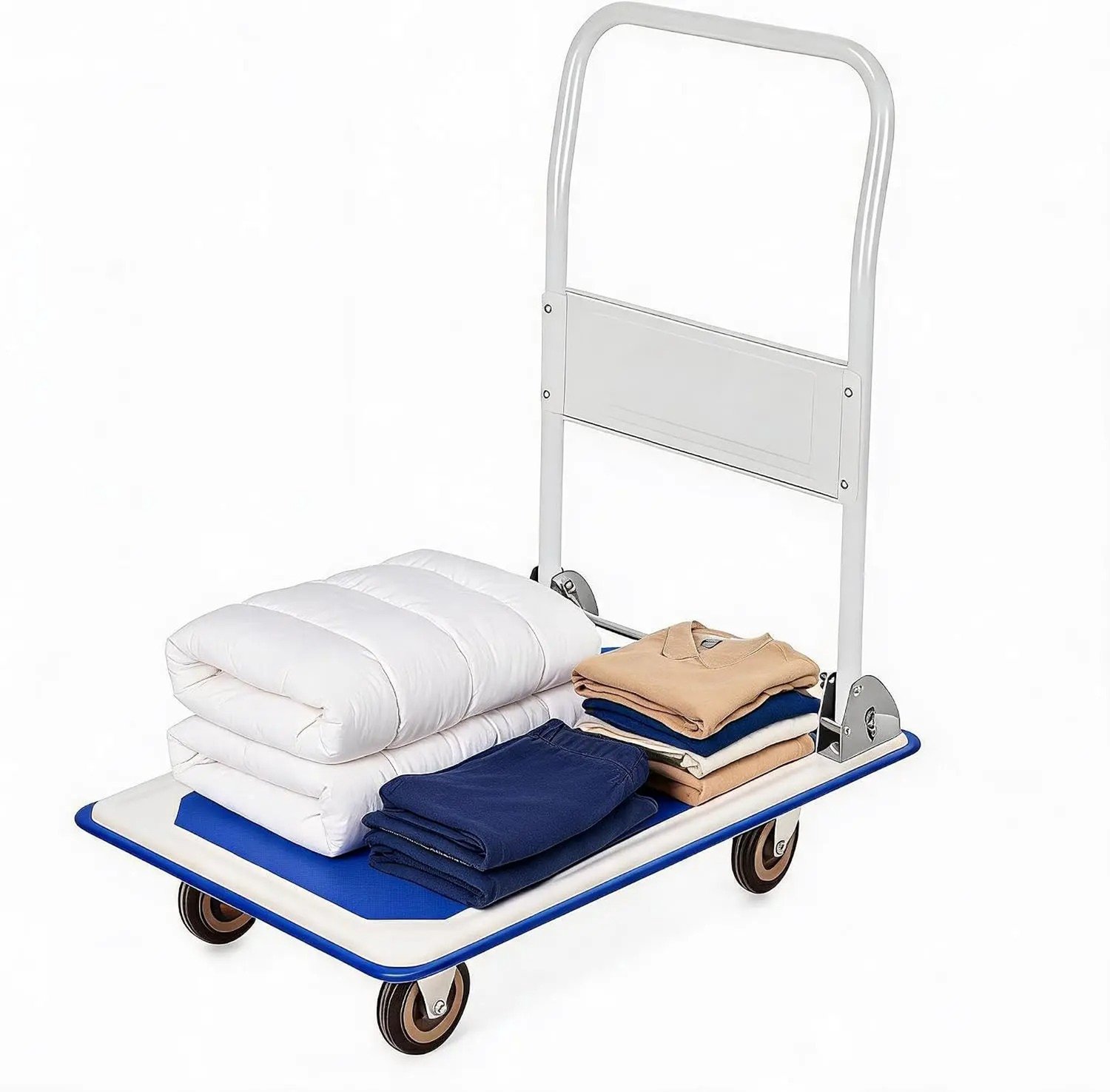 ITRONIQ Plateauwagen 150 kg – Opvouwbare Transportwagen met Handgreep – 73x47 cm – 4 Zwenkwielen – Stalen Steekwagen – Blauw