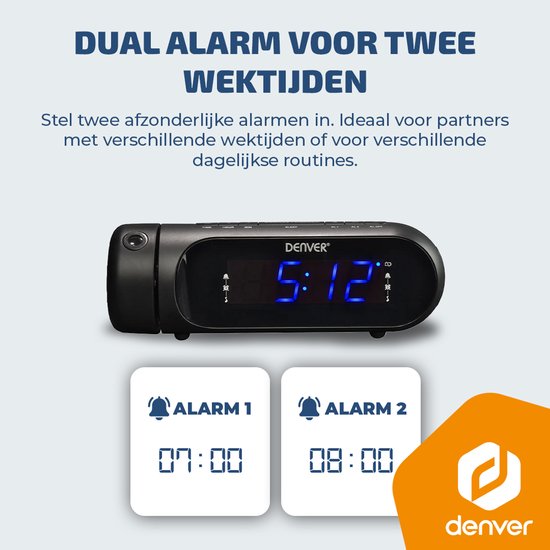 Zwarte Denver wekkerradio met blauwe digitale tijdsaanduiding 5:12 en tekst "ALARM 1 07:00" en "ALARM 2 08:00".
