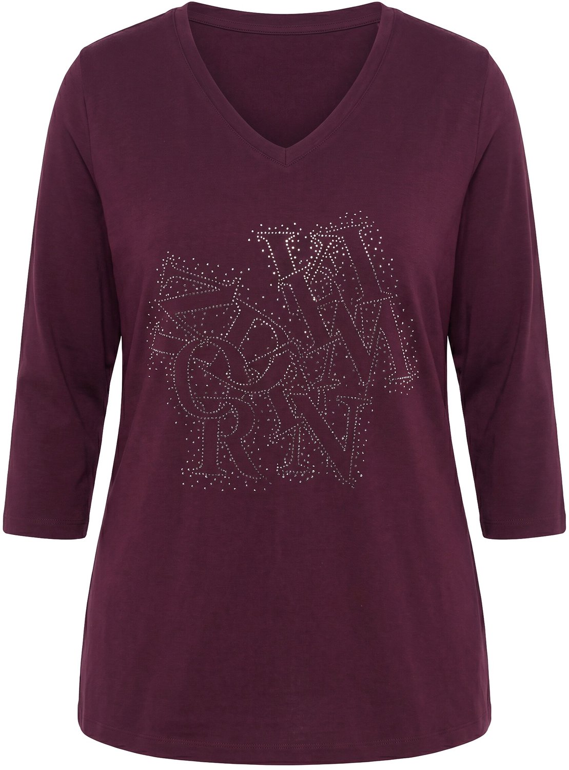 Ulla Popken - Dames - Shirt siersteentjes Classic V-hals 3/4-mouwen - Wijnrood - Maat 58+
