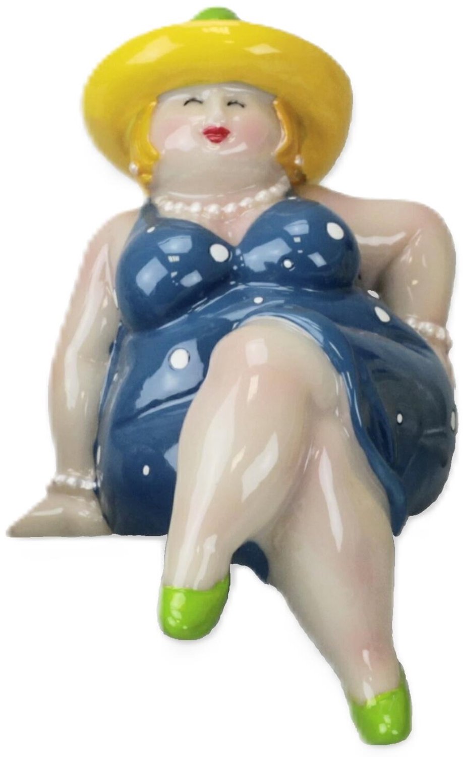 Inware Woonkamer decoratie beeldje - zittend - dikke of mollige dame - jurk blauw - 15 cm - vrouwen op het strand