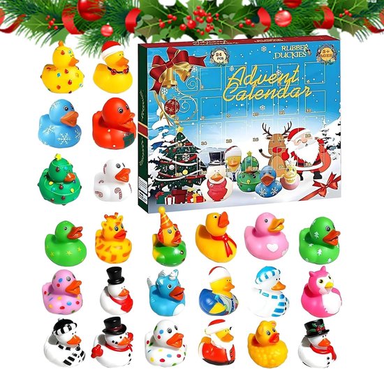 VONKELIOS®Adventskalender met 24 kerst‑thema rubberen badeendjes, drijvend badspeelgoed voor baby en kinderen, kerst blindbox set, geschikt voor thuis en verjaardagsfeesten, interactieve verrassingscadeau