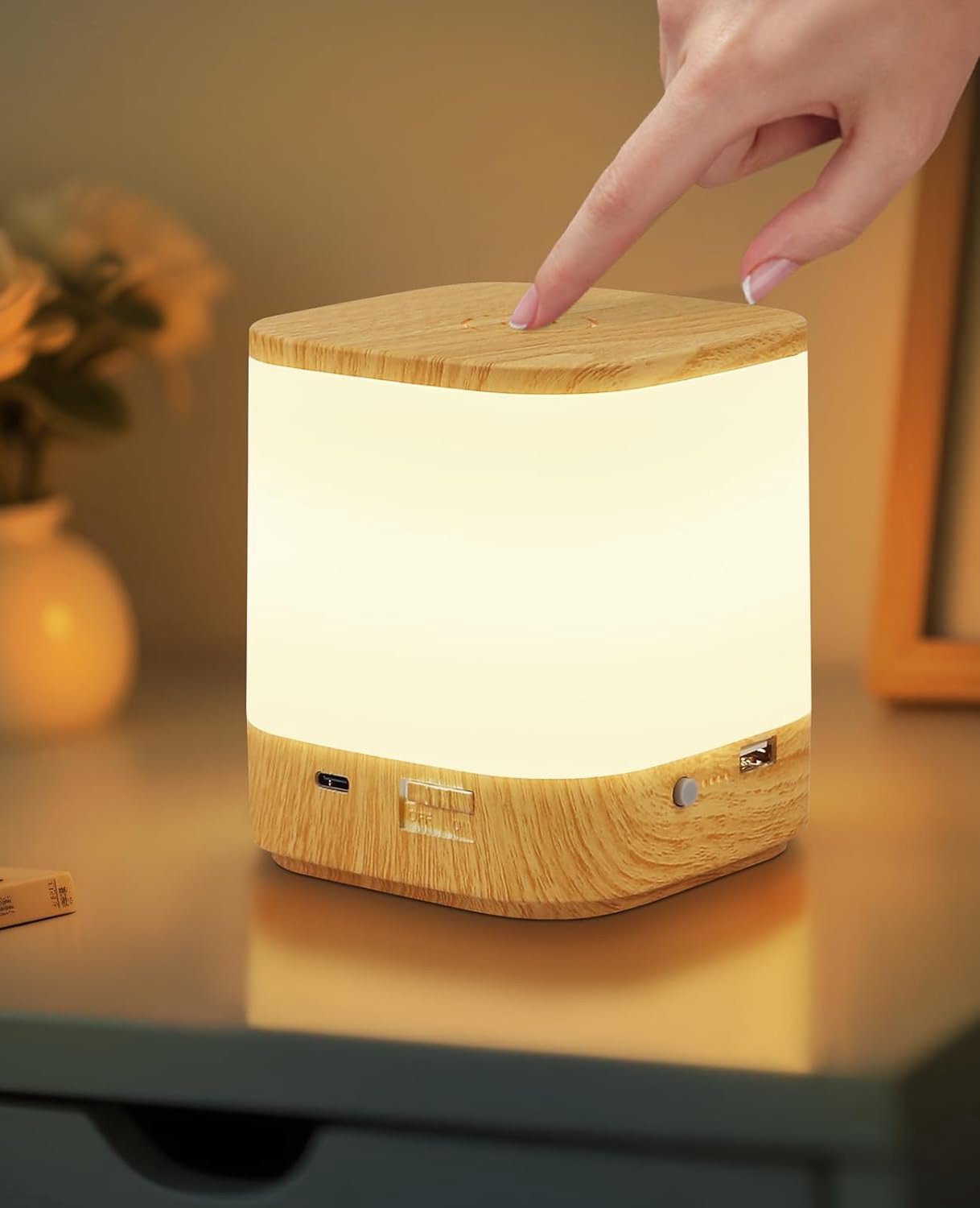 YAGXIG LED-nachtlampje - USB oplaadbaar - Bureaulamp - Dimbaar - Touch Control - 3600mAh batterij - 3 kleurtemperaturen en timerfunctie - Houtnerfkleur