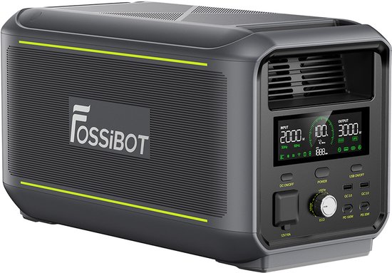 Donkergrijs draagbaar krachtstation met gele accenten, FOSSiBOT logo, en digitaal display.