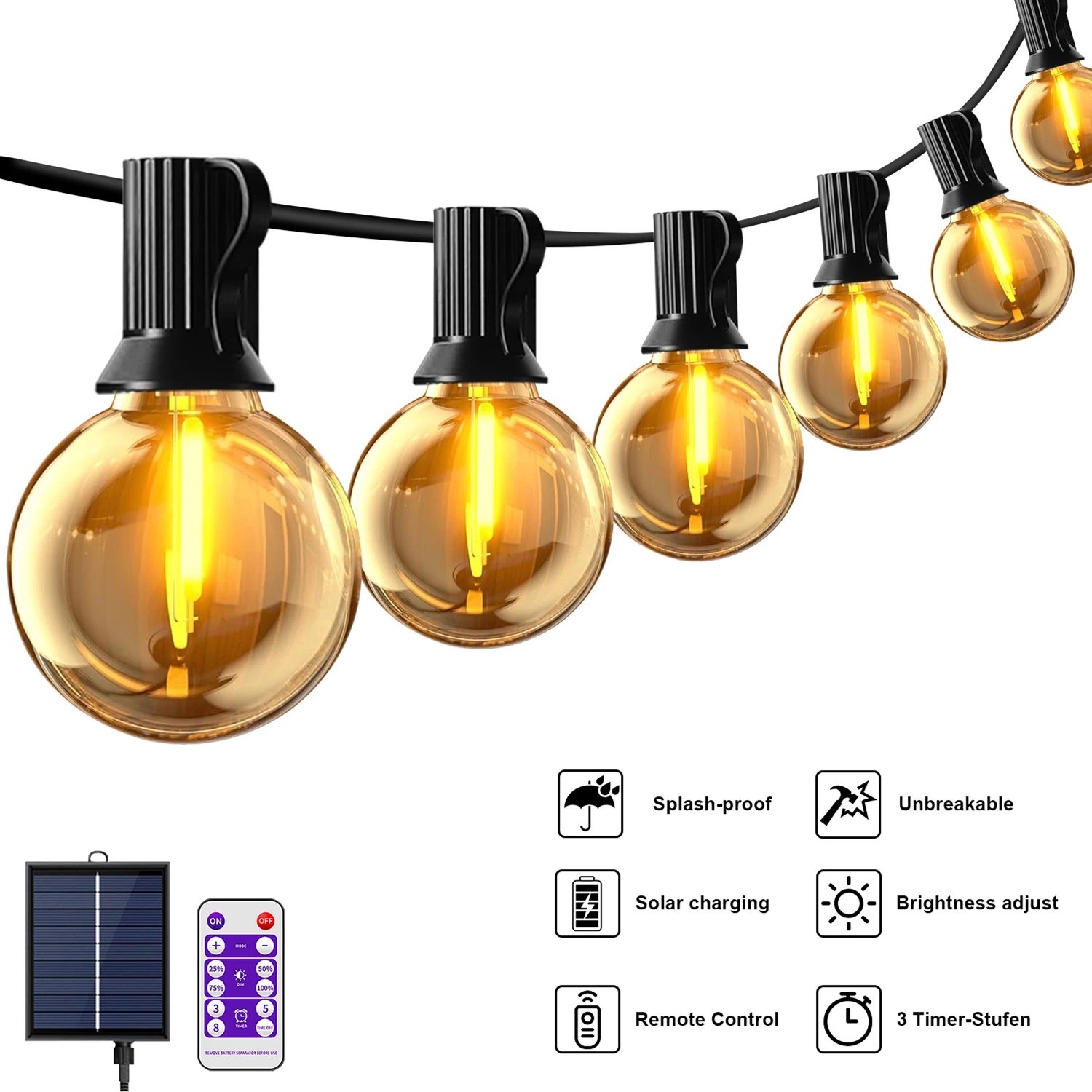 Heidat lichtsnoer buiten - Prikkabel 12 m - 30 led lampen - Dimbaar met afstandsbediening - Solar en oplaadbare batterij - 8 lichtstanden - Warm wit