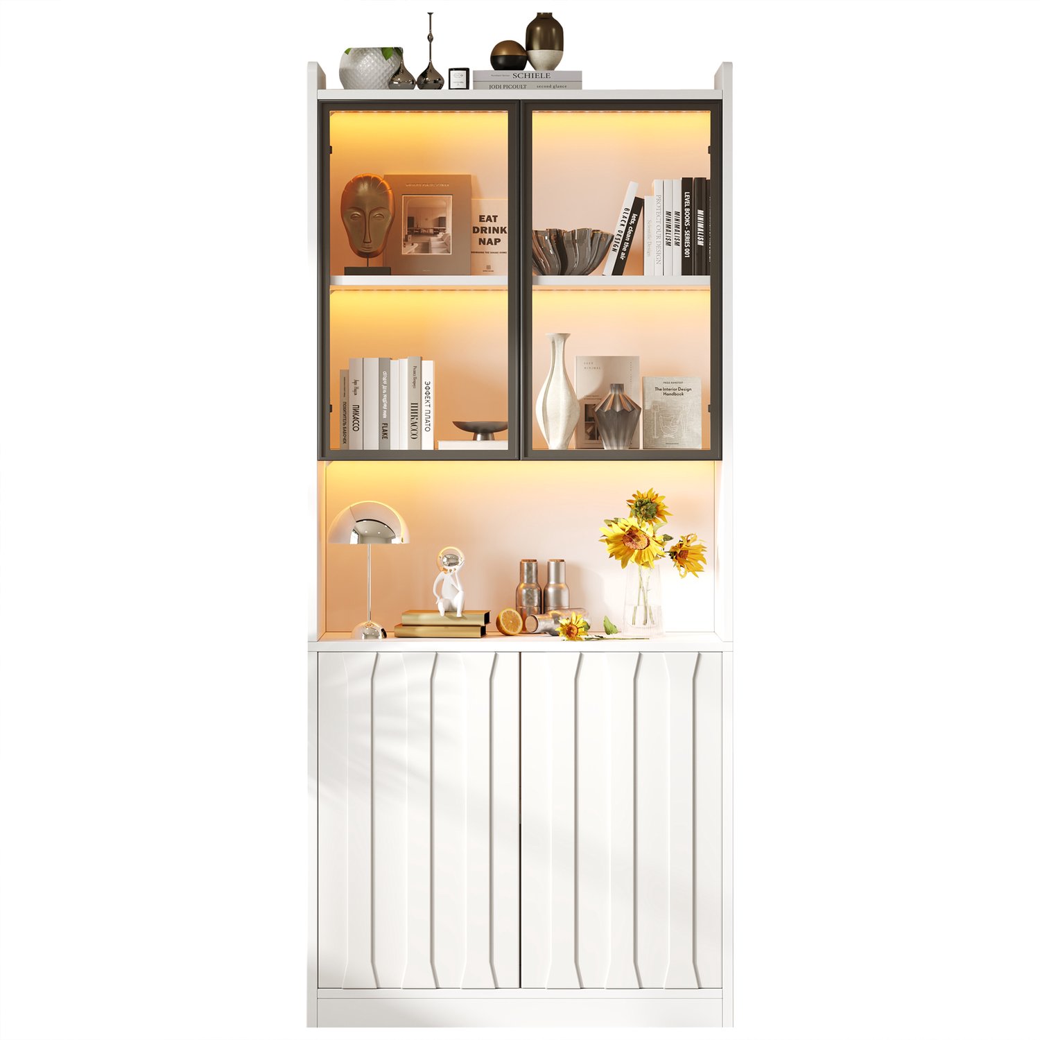Witte vitrinekast met glazen deuren, LED verlichting, 5 opbergvakken, 80 x 35 x 200 cm, hoge kast voor woonkamer
