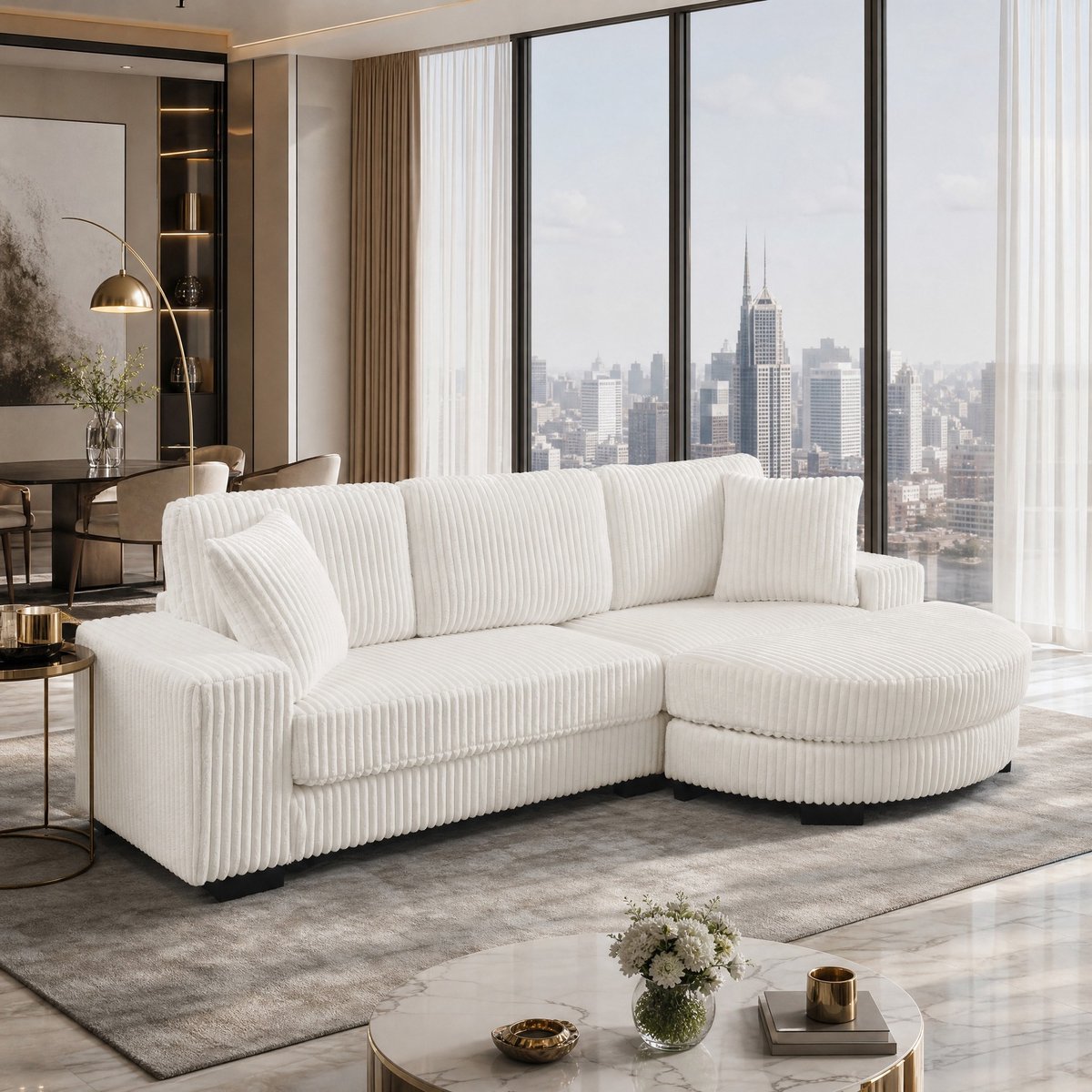 REDOM Hoekbank - Modulaire L-vormige structuur - Omkeerbare ovale hocker - 2 kussens - Corduroy bekleding - Beige - 256,5 x 133,5 x 89 cm