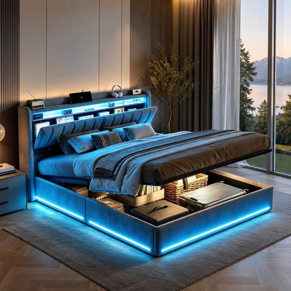 ROSAHQNDA Gestoffeerd bed 160 x 200 cm met ledverlichting en USB-oplaadstation, opbergbed met bedbak en lattenbodem, tweepersoonsbed met opbergruimte in het hoofdbord en hydraulische opbergruimte, tienerbedframe, fluweel, grijs, zonder matras