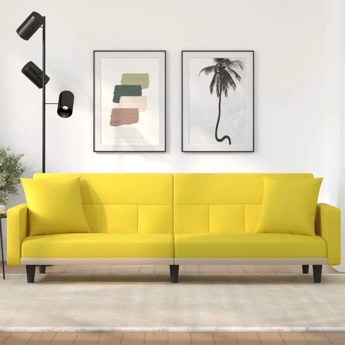 Woonkamerbank, stoel, slaapbank met kussen, lichtgele stof, voor woonkamer, logeerkamer, kantoor
