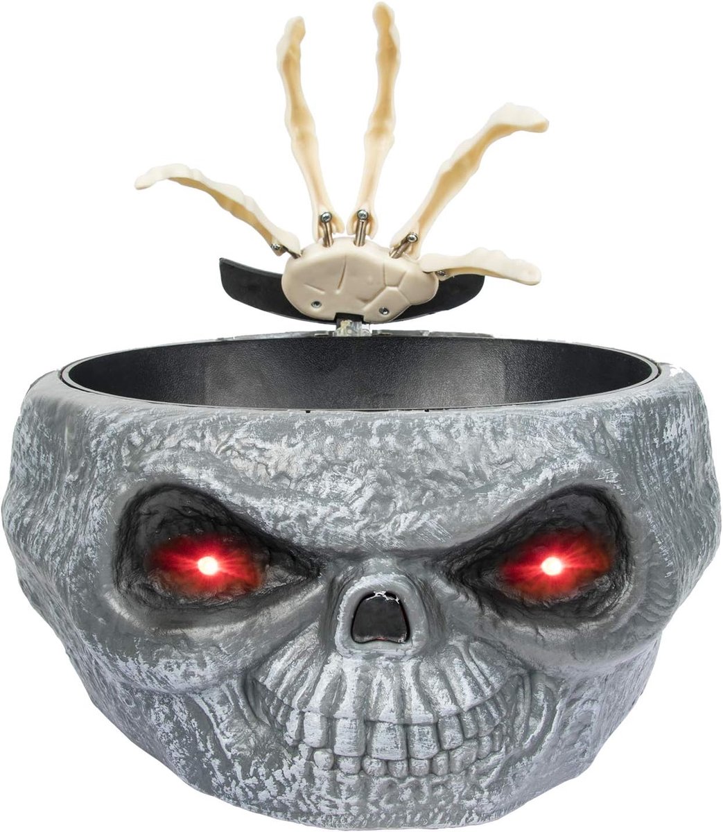 Store Halloween decoratie geanimeerde Halloween-snoepkom met doodskopmotief, handdecoratie, rekwisieten met led-ogen, geluid, werkt op batterijen, horrorfeest, thuis, bar, tafeldecoratie