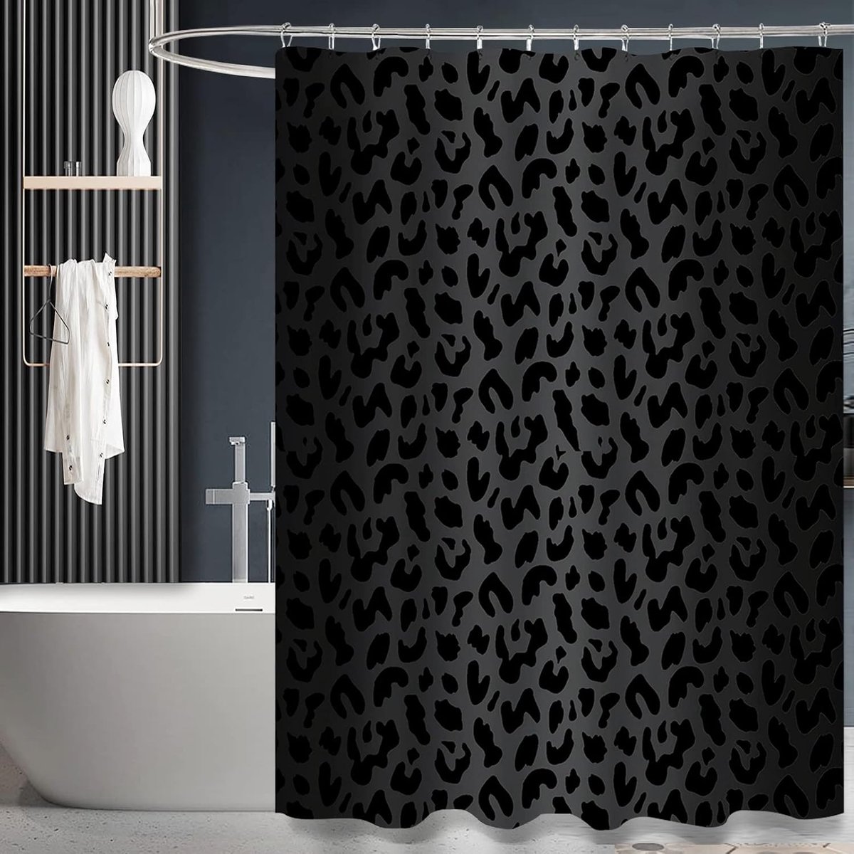 Douchegordijn met luipaardprint (183 x 183 cm), zwart douchegordijn met luipaardprint, polyester stoffen print douchegordijn set voor badkamer met haak (D2)