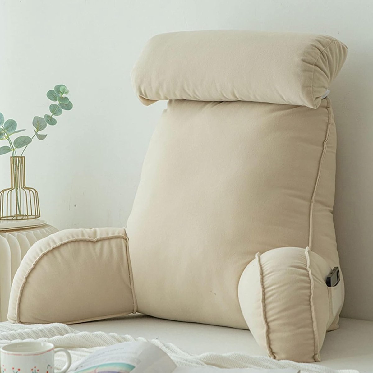 Rugsteun steunkussen, rugleuning kussens voor bed met armen, met zakken en nekkussen, ideaal om te zitten, lezen of spelen (Champagne Color, 75×40×50cm)