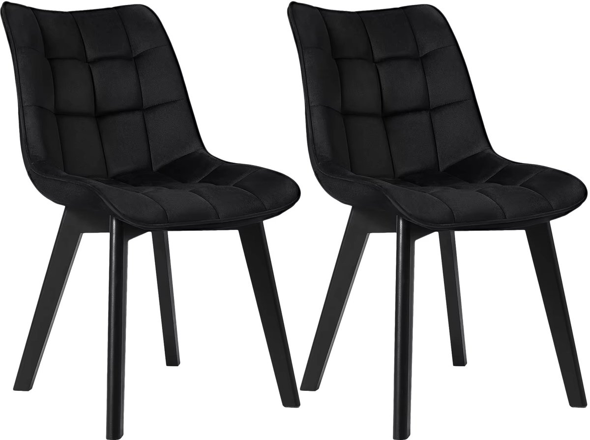 Whoopr® Set van 2 Fluwelen Eetkamerstoelen – Gecapitonneerde Stoelen met Ergonomische Rugleuning & Houten Poten – Gestoffeerde Keukenstoelen voor Eetkamer & Woonkamer Zwart